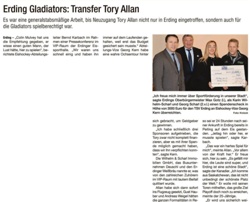 Pressebericht Hallo Erding 07.01.2015 Spende Erding Gladiators